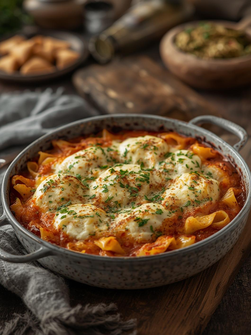Baked Brie Pasta in a skillet with melted cheese and tomatoes