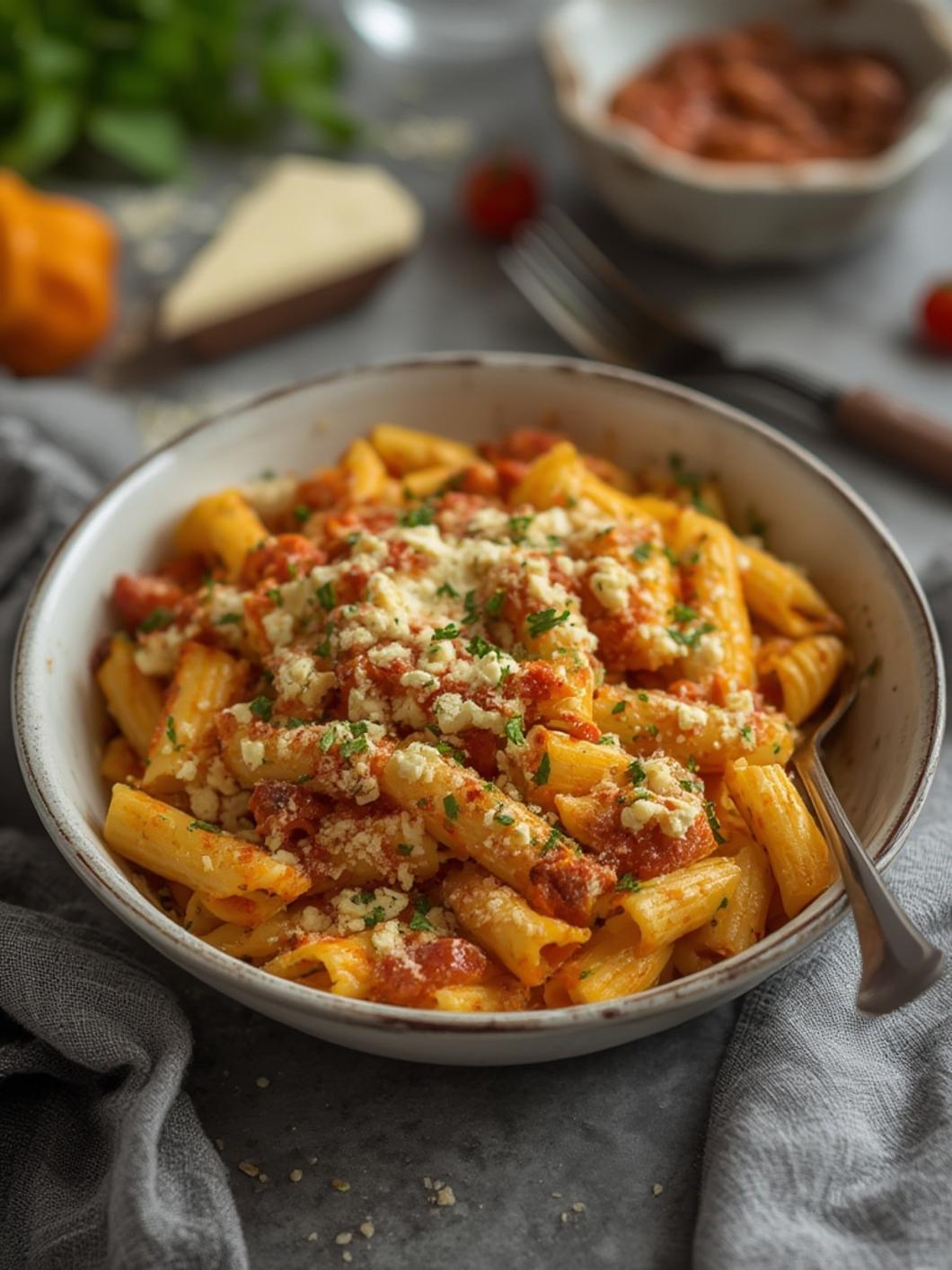 Baked Feta Pasta in a white dish