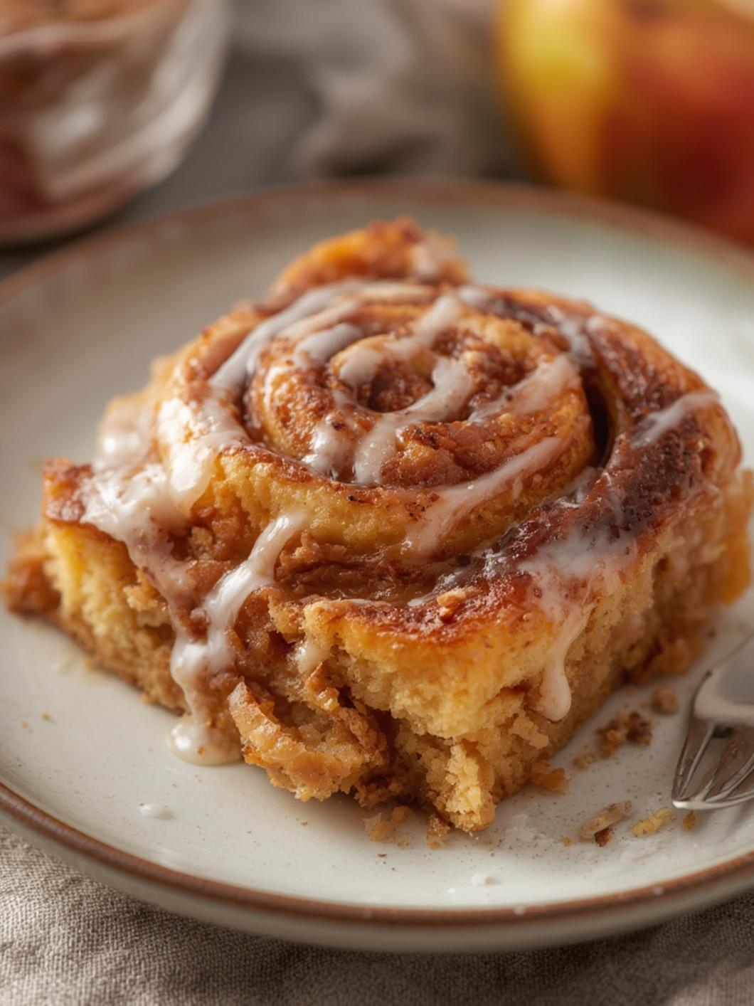 Perfectly baked Cinnamon Roll Apple Bake with icing drizzle