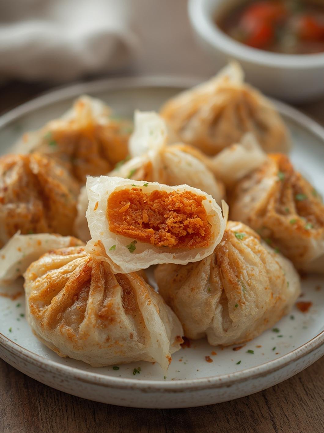 Crispy Rice Paper Dumplings served