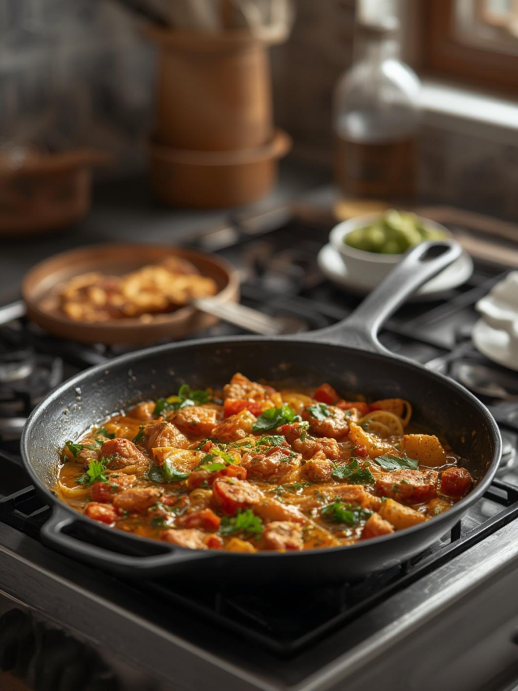 Taco ingredients arranged in skillet