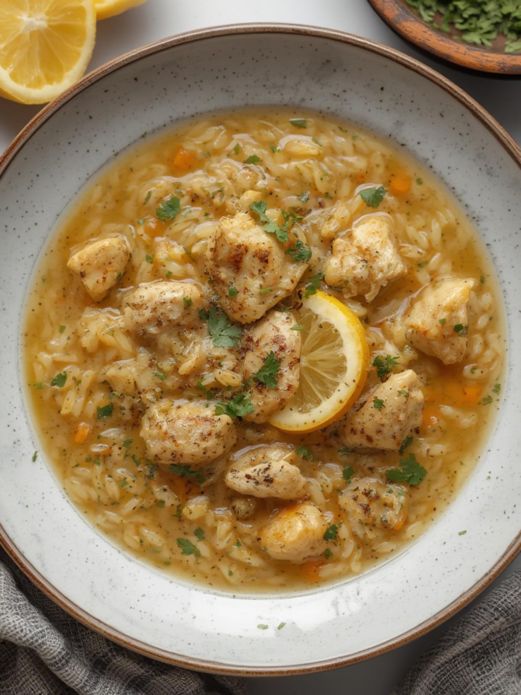 Lemon Chicken Orzo Soup served