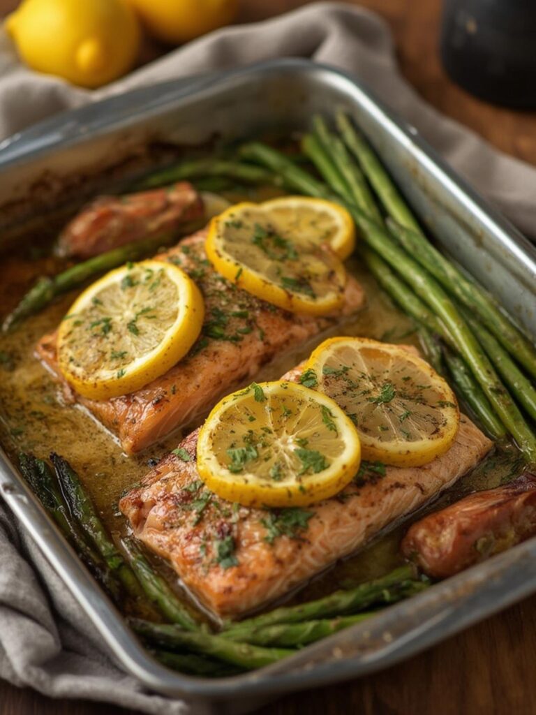 Lemon garlic salmon tray bake – easy & healthy!