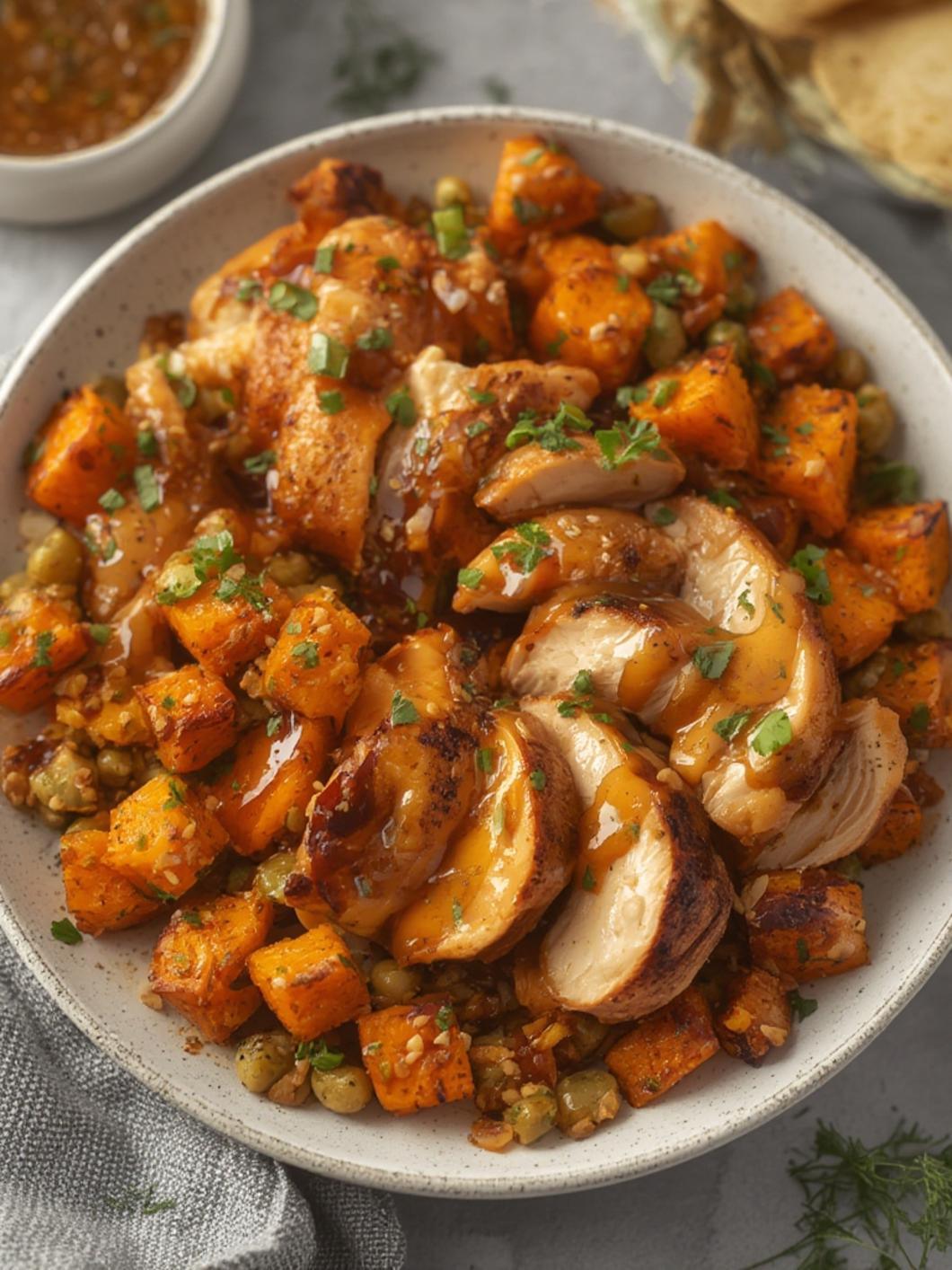 Maple Dijon Chicken & Sweet Potato Bowls served