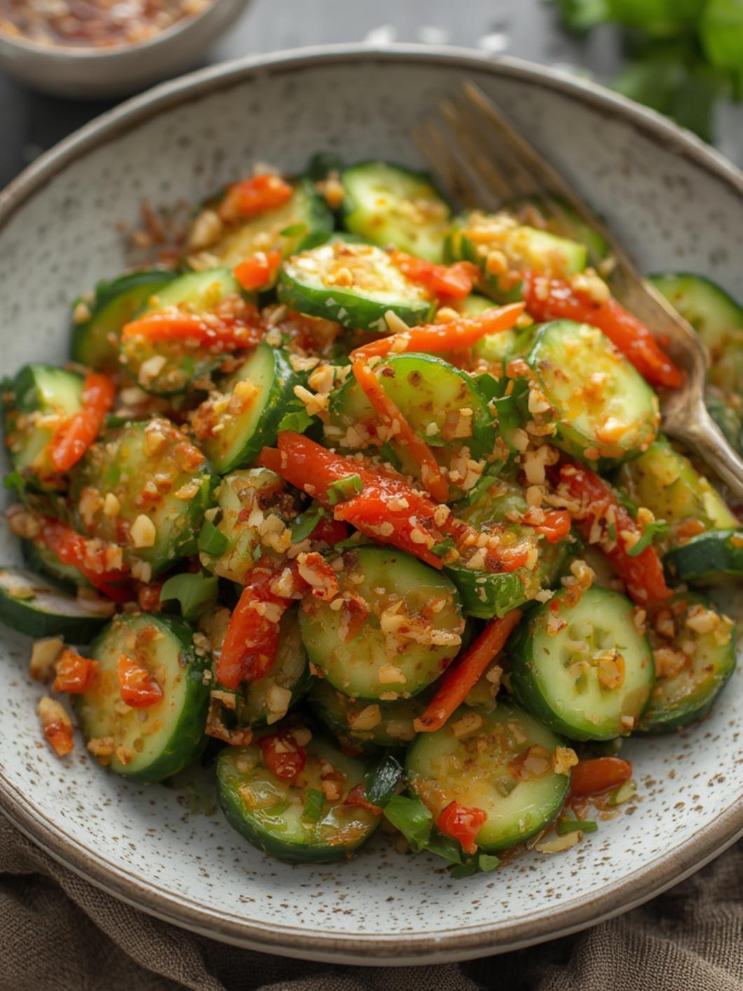 Spicy Asian Cucumber Salad served
