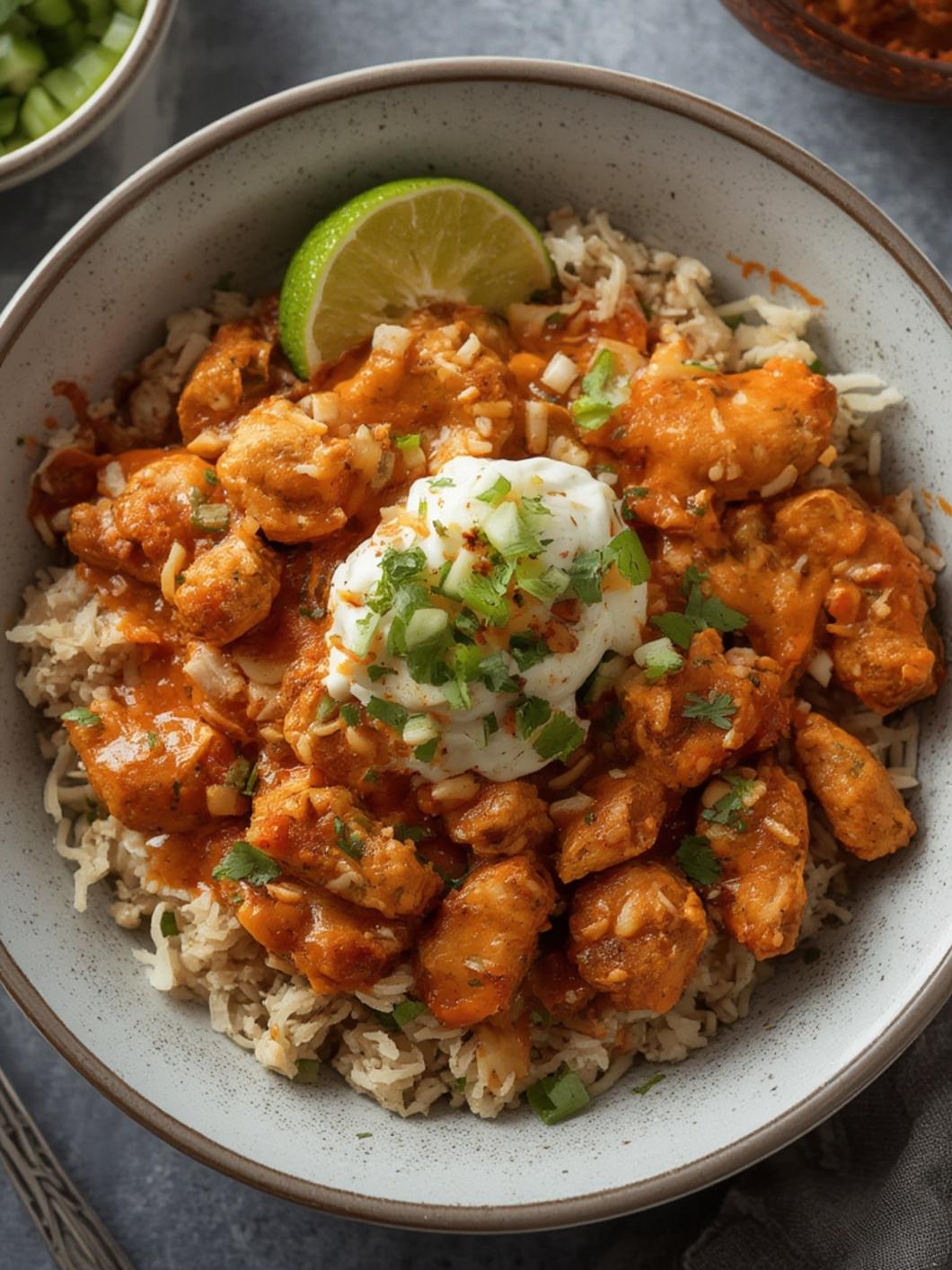 Spicy Chicken Burrito Bowl served