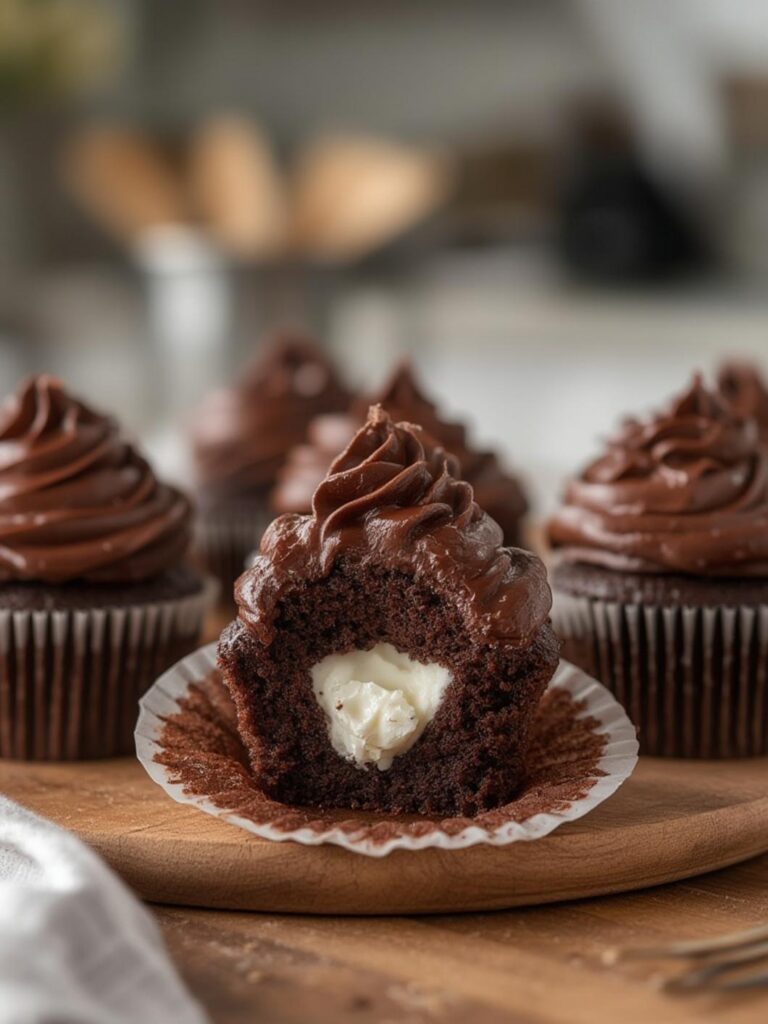 Whipped Cream-Filled Chocolate Cupcakes With Chocolate Ganache Frosting
