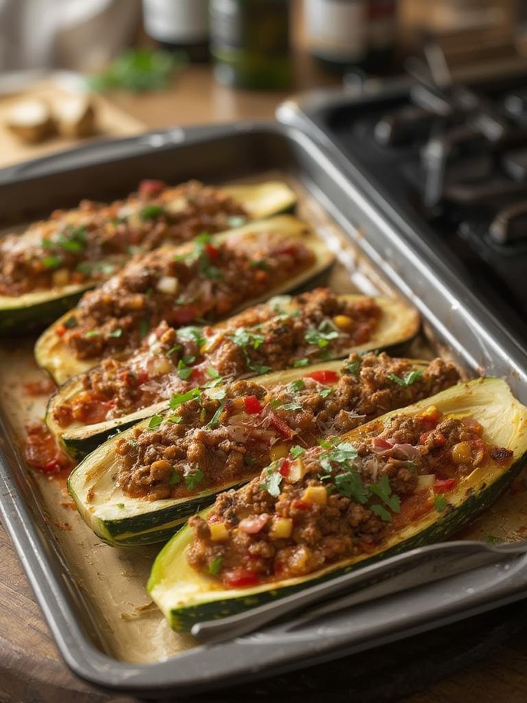 30-Min Ground Beef Zucchini Boats served