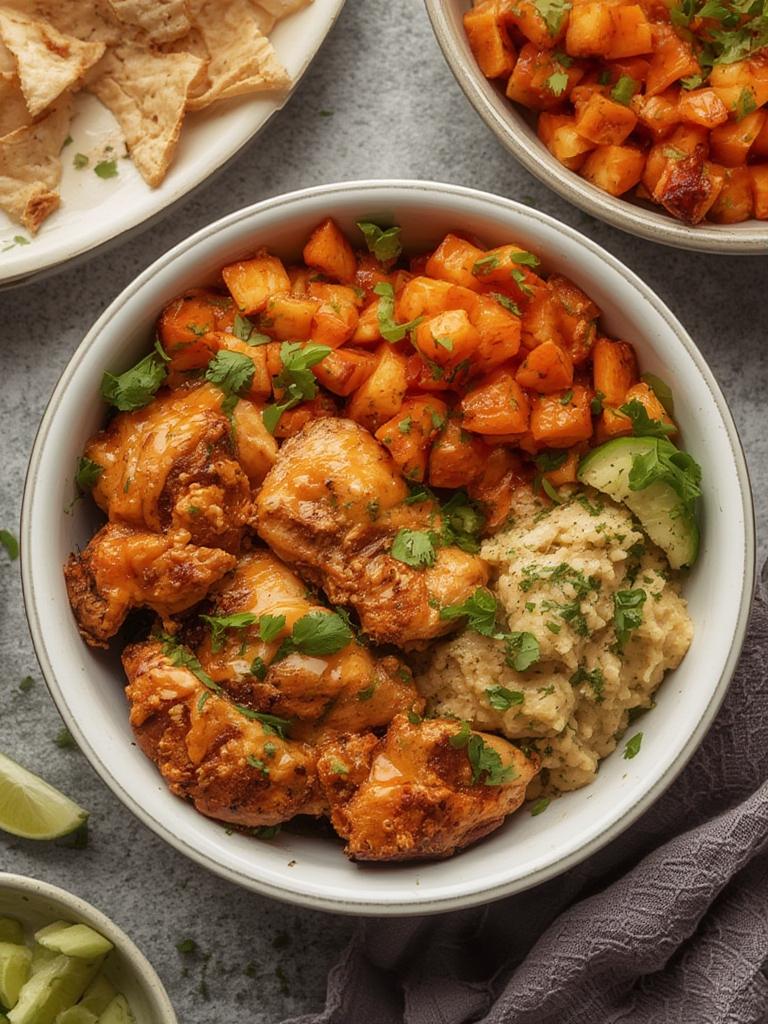 Amazing Sheet Pan Buffalo Chicken and Sweet Potato Bowls served