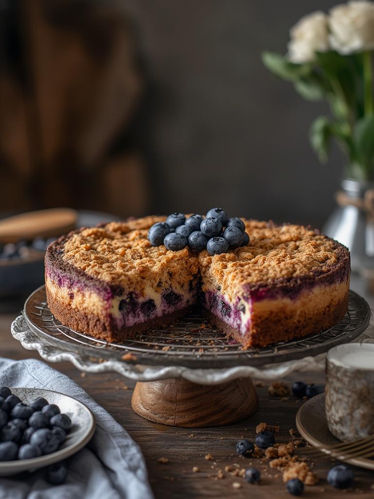 Blueberry Crumble Cheesecake served