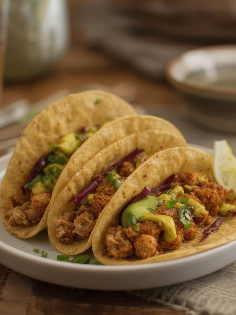 Crispy Baked Ground Turkey Tacos with Avocado Sauce served