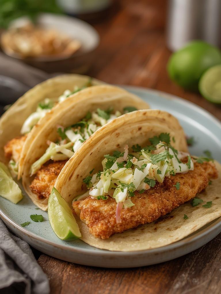 Crispy Fish Tacos with Cilantro Lime Slaw served