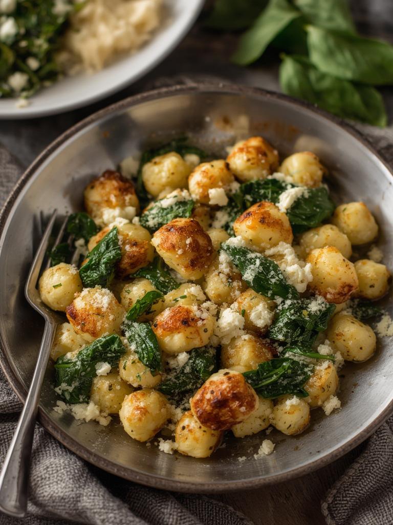 Crispy Gnocchi With Spinach and Feta served