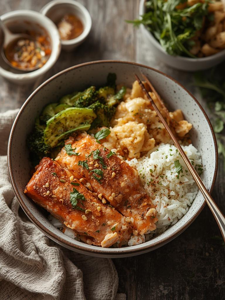 Crispy Salmon and Rice Bowl served