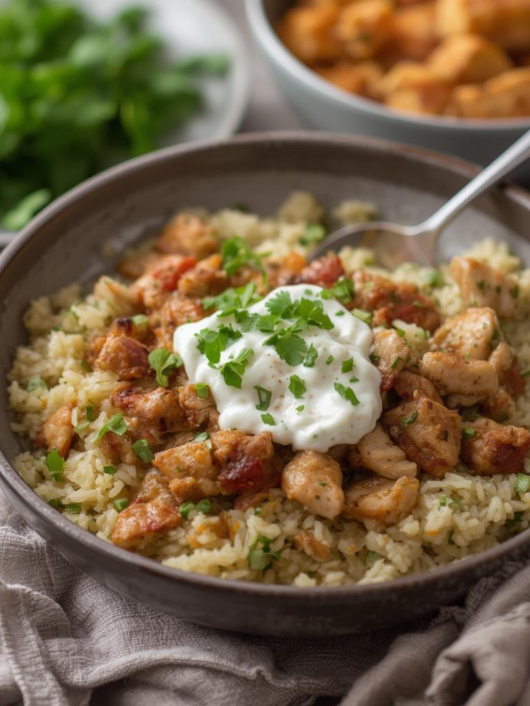 Dump-and-Bake Chicken Tzatziki with Rice Recipe served