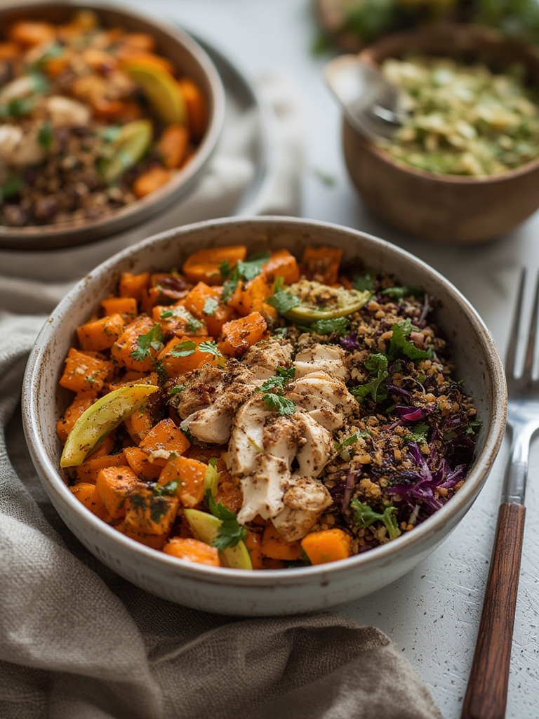 Healthy Chicken & Sweet Potato Bowls served