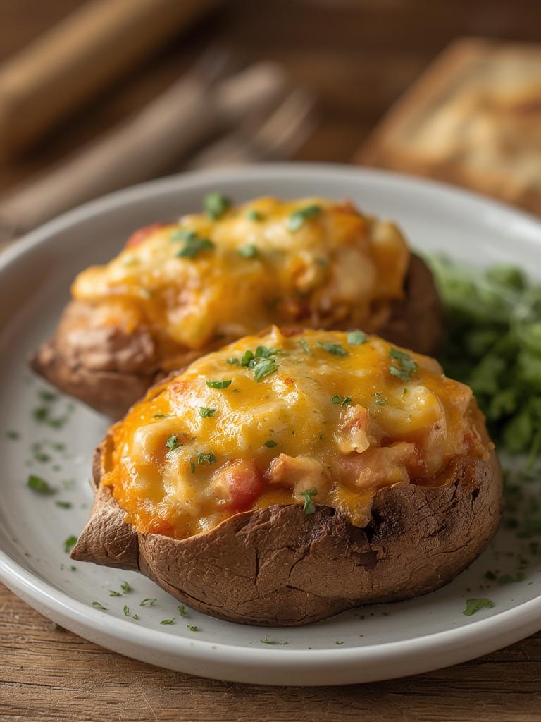 Hearty Chicken Pot Pie Stuffed Sweet Potatoes served
