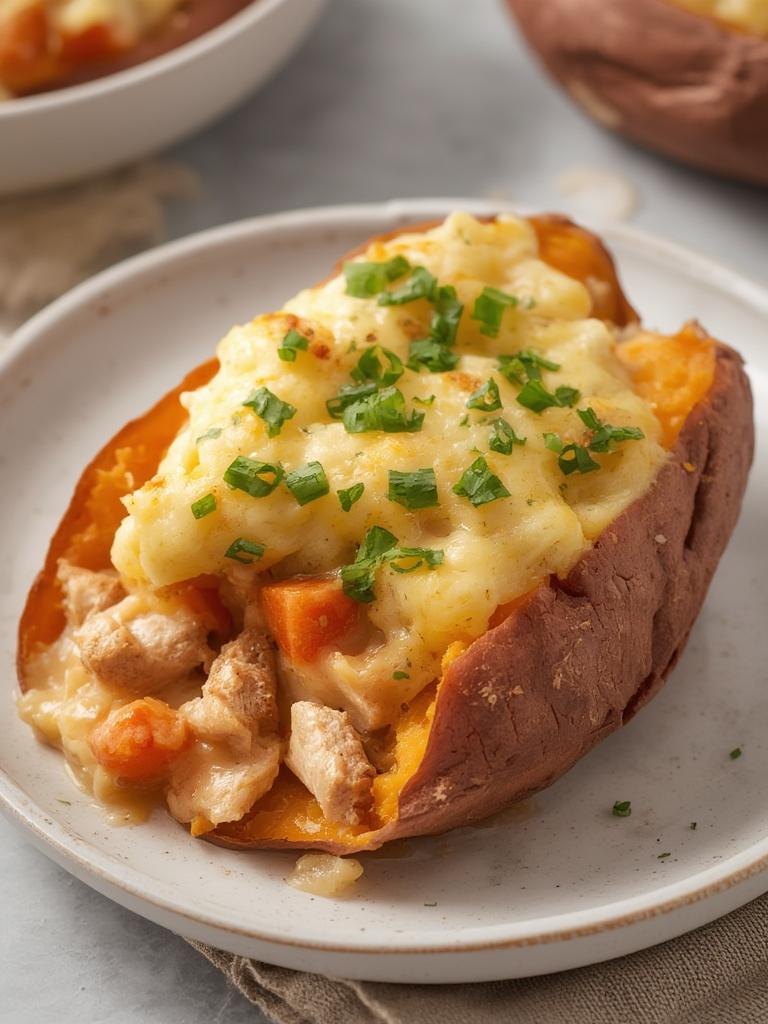 Hearty Chicken Pot Pie Stuffed Sweet Potatoes