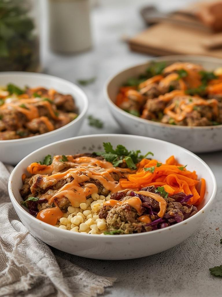 High Protein Burger Bowls with Sauce served