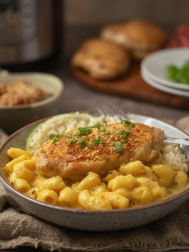 High-Protein Honey Garlic Butter Chicken with Mac & Cheese served