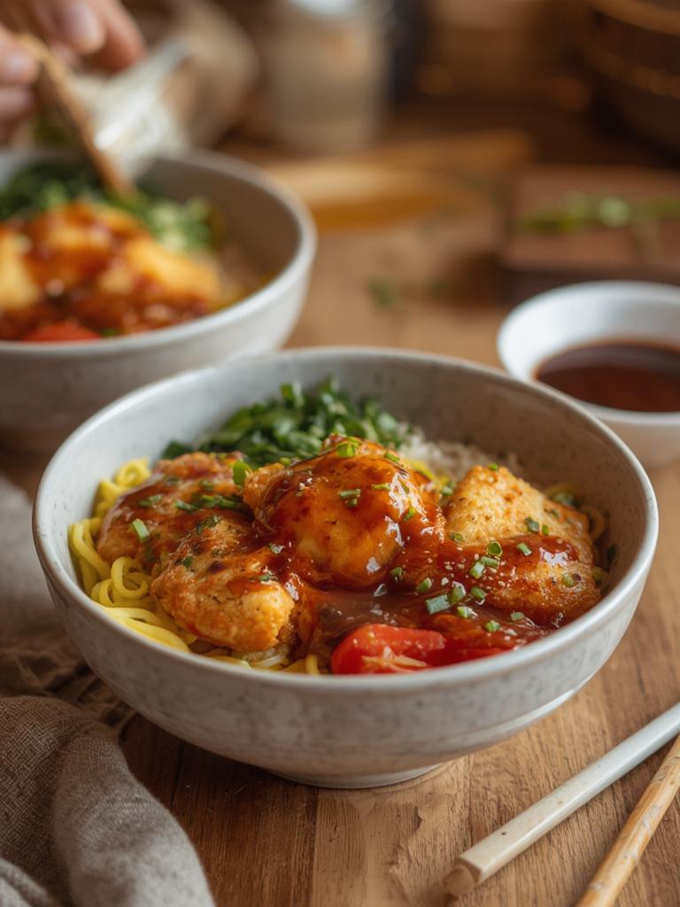 Japanese Katsu Bowls with Tonkatsu Sauce served