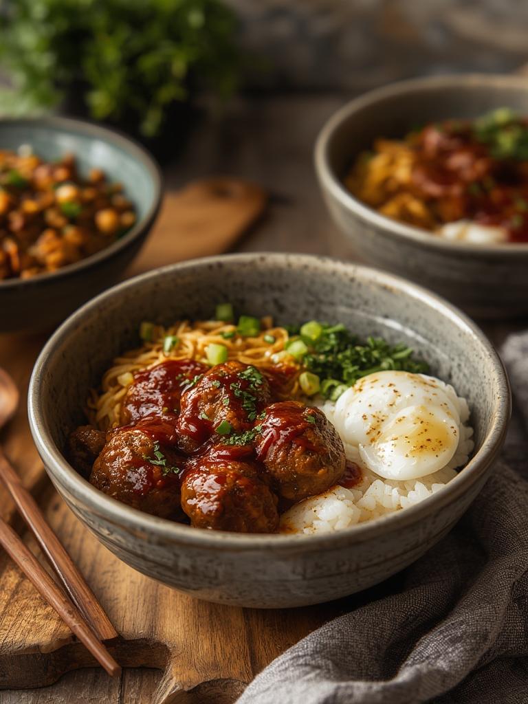 Korean BBQ Meatball Rice Bowls served