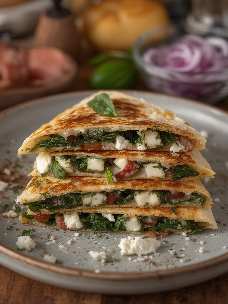 Mediterranean Quesadillas with Spinach, Feta, Mozzarella, and Red Onion served
