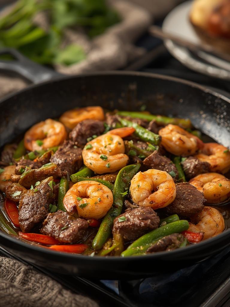 Steak and Shrimp Stir Fry served
