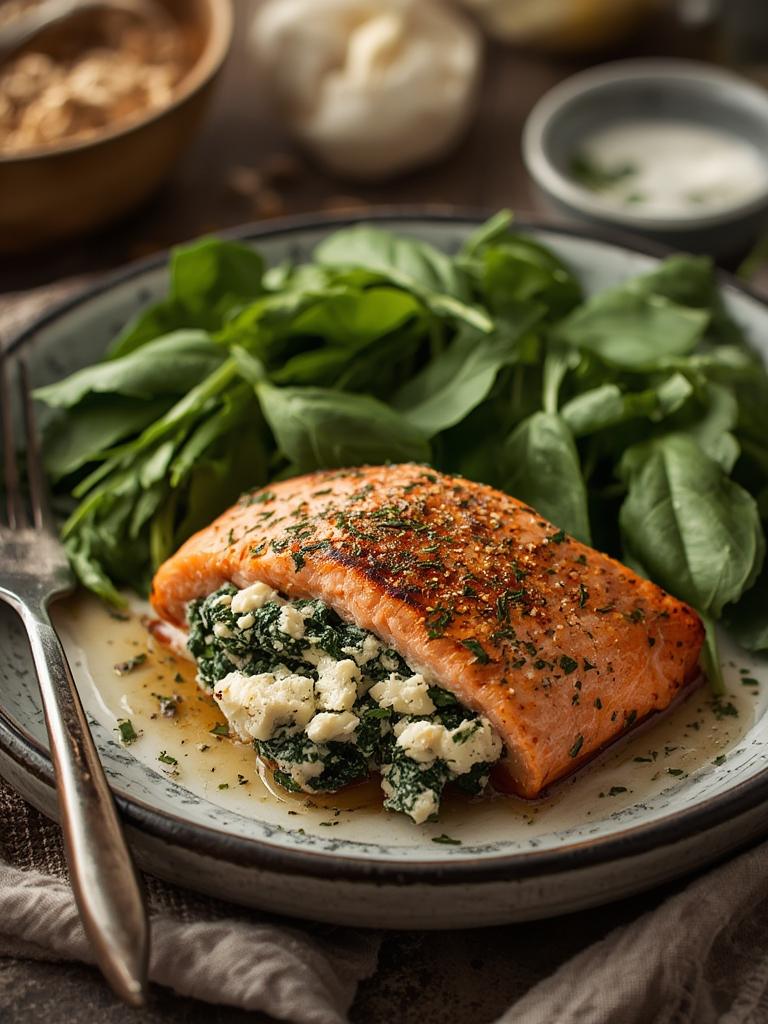 Stuffed Salmon With Spinach & Feta served